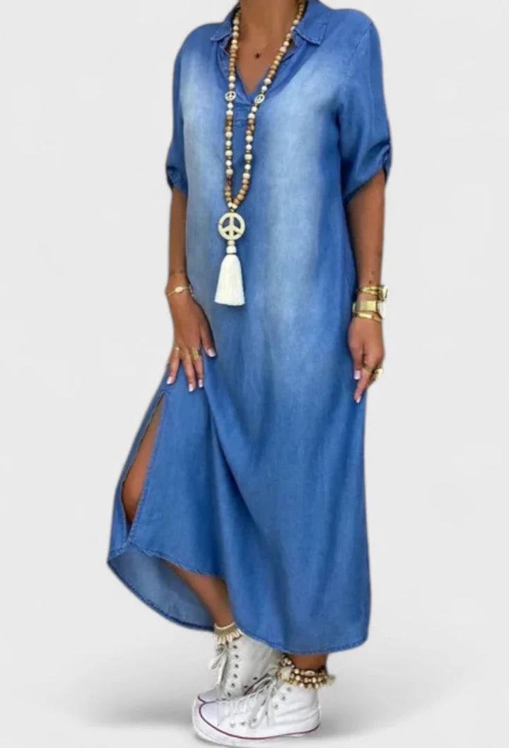 Lea | Lang Kjole i Denimlook med Sideslids